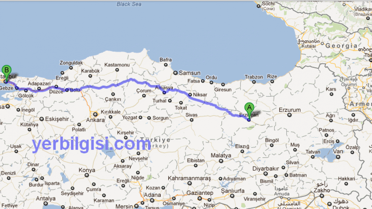 Erzincan Tercan Samsun Arasi Kac Km